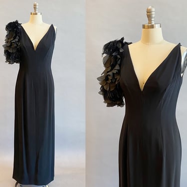 1960's Black Gown /1960's Evening Gown / Audrey Hepburn Dress / Feather Dress / Size Medium 