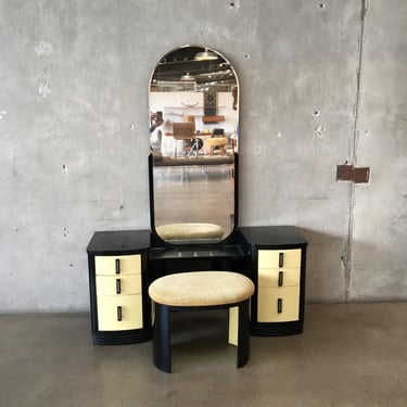 Norman Bel Geddes For Simmons Art Deco Vanity with Mirror & Stool