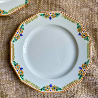 4 Vintage Limoges Lanternier Cake, Dessert Sandwich Plates, Art Deco style in Orange, Royal Blue, Green - Hand Painted, 1918 - 1929, Antique 