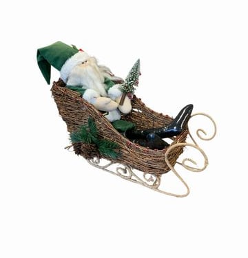 Santa Figure - Green Outfit w/ Wicker Sleigh 17x23&quot;