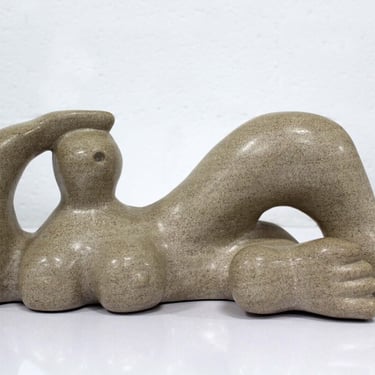 Mid Century Modern Abstract Reclining Figure Stone Sculpture Henry Moore Style 