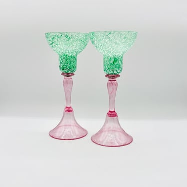 Vintage RARE Murano Style Green and Pink Glasses by LeChalet