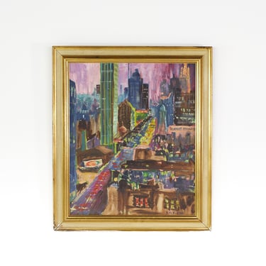 B.W. Kaplan Mid Century Abstract Cityscape Oil Painting - mcm 