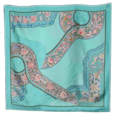 Vintage Chinese Turquoise Silk Scarf Peony & Butterflies 34 x 34 Inches 