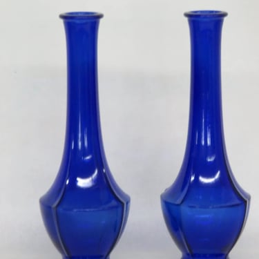 Art Deco Cobalt Blue Molded 4 Panel Flower Bud Vases a Pair 3098B