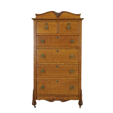 Restored Antique Victorian Oak 6 Drawer High Boy Dresser with Casters