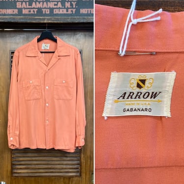 Vintage 1950’s “Arrow” Salmon Pink Rayon Gabardine Rockabilly Shirt, Loop Collar, Size M, 50’s Loop Collar, Vintage Clothing 