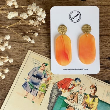 Fire Orange Stained Glass Oval Earrings | Stained Glass | Tumbled Glass | Sea Glass | Marble Earrings | Glass Earrings | Tie Dye Earrings 