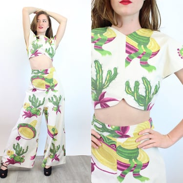 1940s CACTUS and SOMBRERO fabric pants and top set small | new spring 