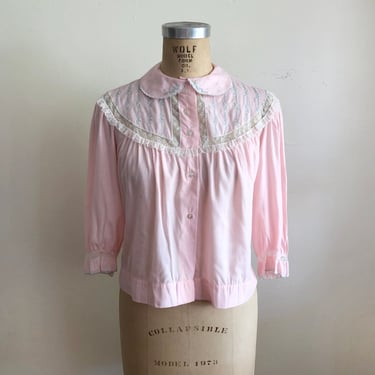 Pale Pink Flannel Embroidered Bed Jacket - 1980s 