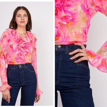 Vintage 1970s 70s Hot Pink Floral Silk Feel Long Sleeve Blouse w/ V Neckline, Lettuce Ruffle Hem, Ruffled Cuffs 