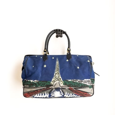 large duffel bag 90s vintage Eiffel Tower cotton weekender travel bag 