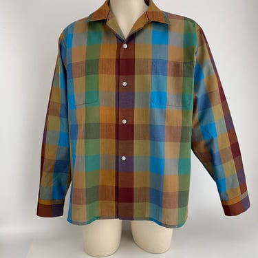 1950's-60's Colorblock Plaid - McGREGOR Label - Poly/Cotton Blend - Muli Colored Ombre Plaid - Loop Collar - Men's Large - NOS DEADSTOCK 