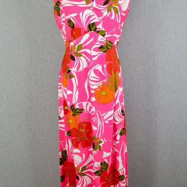 1960s Reef Hawaii Neon Pink Maxi - Hawaiian Maxi - Tropical, Tiki, Floral - Beach Dress -  Palm Beach, Resort Wear - Summer Kaftan, Maxi 