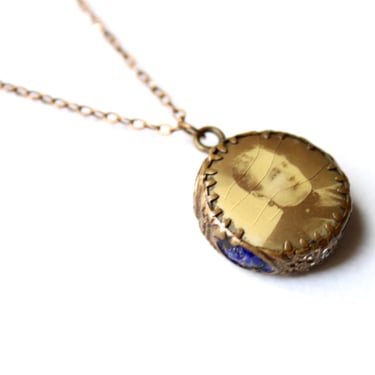 Edwardian Enameled Embossed Brass Double Sided Portrait Pendant Necklace with Original Photos - Early 20th Century Antique 