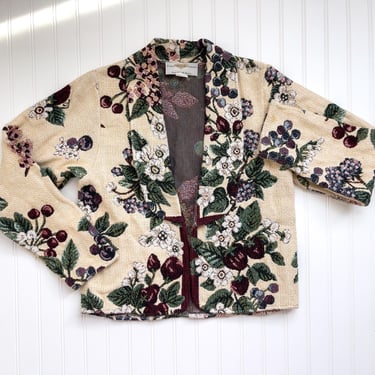 cottagecore jacket 90s vintage Every Stitch Counts cherry strawberry fruit floral tapestry cropped coat 