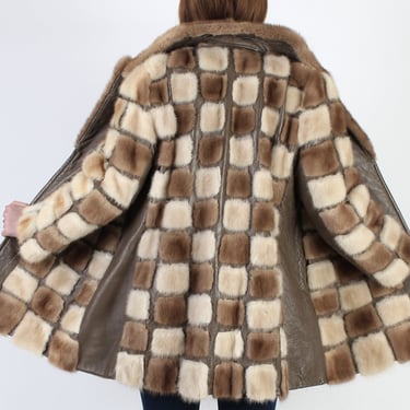 Checkered Blonde Brown Mink Trench Coat, Plush Mod Leather Geometric Print Spy Jacket 