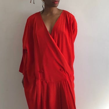80s wrap dress / vintage plunging dropped waist tent dress / red double breasted batwing oversized dress | L 