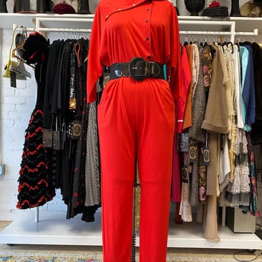 vintage 1980s red jersey jumpsuit by fantaseas medium snap front avant garde 80s 