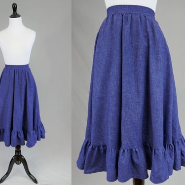 80s Ruffle Hem Full Skirt - 24" waist - Dark Blue Denim Look - Handmade - Vintage 1980s - XS 