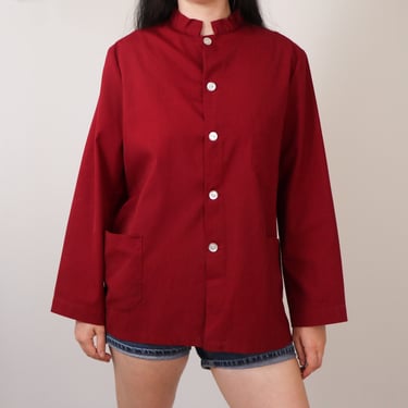 1980s Ultra Minimalist Linen Shirt/ Men's Vintage Red Cotton Shirt/ Unisex Nehru Collar Shirt/ Crisp Shirt with Pockets/ Men's Size Medium 