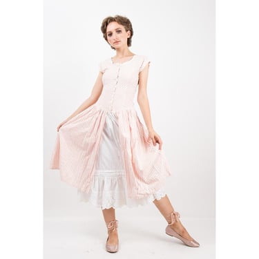 Vintage Starina cotton dress / 1980s does Edwardian / Pink white stripe eyelet lace XS 