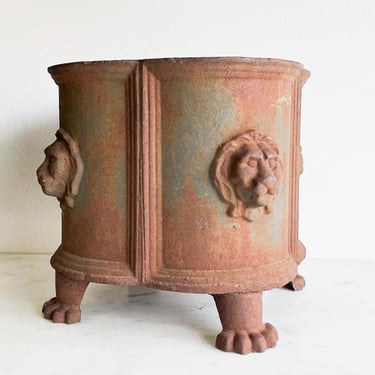 Antique Cast Iron Footed Planter with Four Lion Heads Clover Leaf Urn England France 1800s English Lead Planter French Empire Style Heavy 