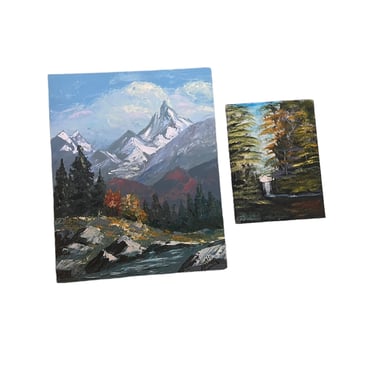 Mountain Forest Landscape Paintings 1970s Canvas Board Vintage 