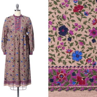 Vintage 1970s Dress | 70s Floral Print Acrylic Jersey Knit Long Sleeve Midi Tan Purple Border Print Boho Sweater Day Dress (x-small/small) 
