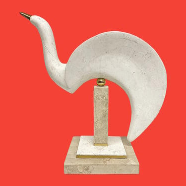Vintage Maitland Smith Sculpture Retro 1980s Contemporary + Swan + White Stone and Marble + Brass Metal + Handmade Art Object + Modern Decor 