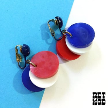 Mod Vintage 60s Red White Blue Plastic Discs Clip-On Earrings 