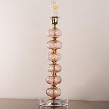 Murano glass table lamp, pink organic balls, massive clear glass base, height 45 cm handmade Made in Italy 