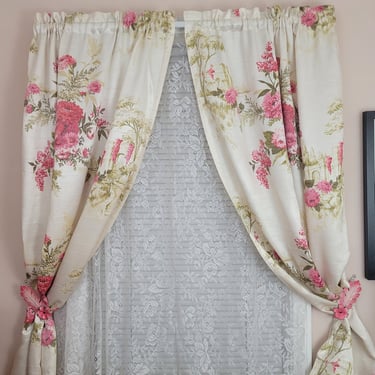 Vintage 1950's Curtains / 60s Red Pink Floral Print Drapes / 2 Panels 