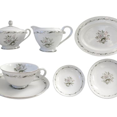 Diamond China Romance Pattern China / Vintage Sugar and Creamer Set, Teacup and Saucer Set, Veggie Serving Bowl, Oval Platter 