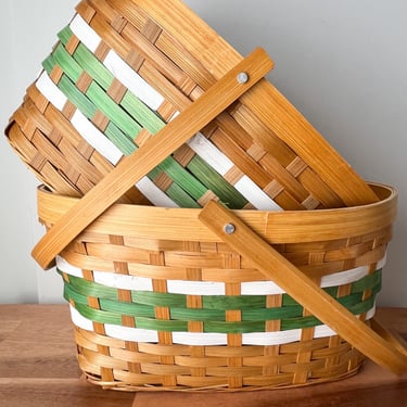 Pair of Vintage Easter Baskets. Green and White Striped Baskets. Vintage Easter Decor. 