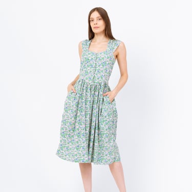 Vintage 80s Floral Cotton Fit & Flare Midi Sundress - Small | Boho Green Purple Basque Waist Button Front Sleeveless Pocket Dress 