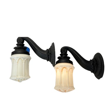 Pair Curved Arm Outdoor Exterior Sconces with Neo Gothic Shades circa 1900 #2307 Free Shipping 