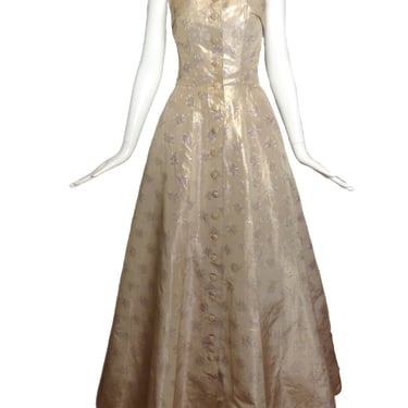 1950s Gold Floral Lamé Evening Gown, Size-6