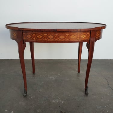 French Louis XVI Style Marquetry Oval Side Table with Hidden Drawer 