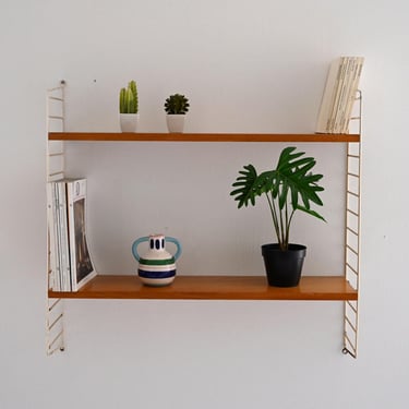 Vintage Scandinavian Oak Wall Shelf System with White Metal Frame, Adjustable Shelves, 1960s 
