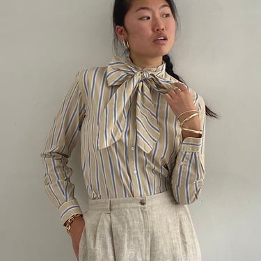 80s Calvin Klein cotton blouse / vintage beige cotton pinstripe mandarin collar blouse with ascot pussy bow tie | Small 