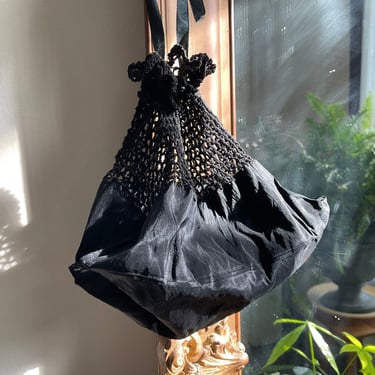 Antique Victorian black silk & crochet drawstring bag | 1900’s mourning purse 