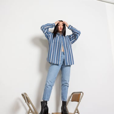 DICKIES DENIM SHIRT Vintage Stripes Blue Jean Cotton Menswear Workwear Work Shirt 90's Oversize / Extra Large 