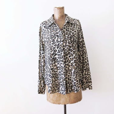 Vintage 90s 2000s Cheetah Print Silk Blouse S - Leopard Animal Print Collared Long Sleeve Top 