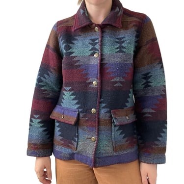 Vintage 90s Womens Wool Blend Aztec Southwestern Bohemian Fleece Jacket Sz L 