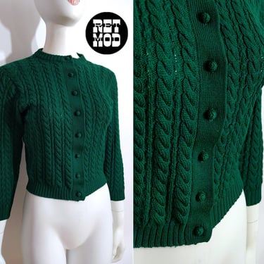 Cute Vintage 50s 60s Dark Rich Green Cable Knit Cropped Cardigan 