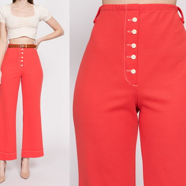 70s Jantzen Salmon Pink Flared Pants - Medium | Vintage High Waisted Retro Flares Faux Button Fly Trousers 
