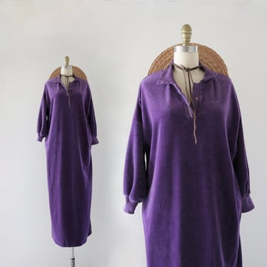velour sweatshirt dress - vintage 80s 90s amethyst purple womens comfortable casual velvet long maxi lounge dress with pockets 