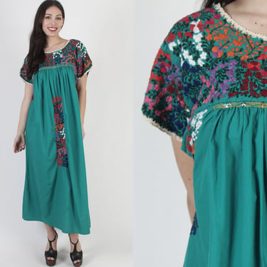 Mexican Hand Embroidered Oaxacan Dress, Plus Size Floral Green Caftan Festival Maxi 