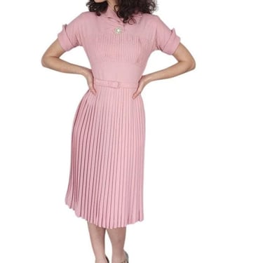 Vintage 40s Pink Dress Pleated Wool Belted w/Rhinestone Pin / S 